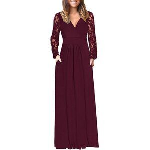 ⚡Women’s Fall Maxi Dress 2025 Lace Long Sleeve V Neck Wrap Dress with Pockets